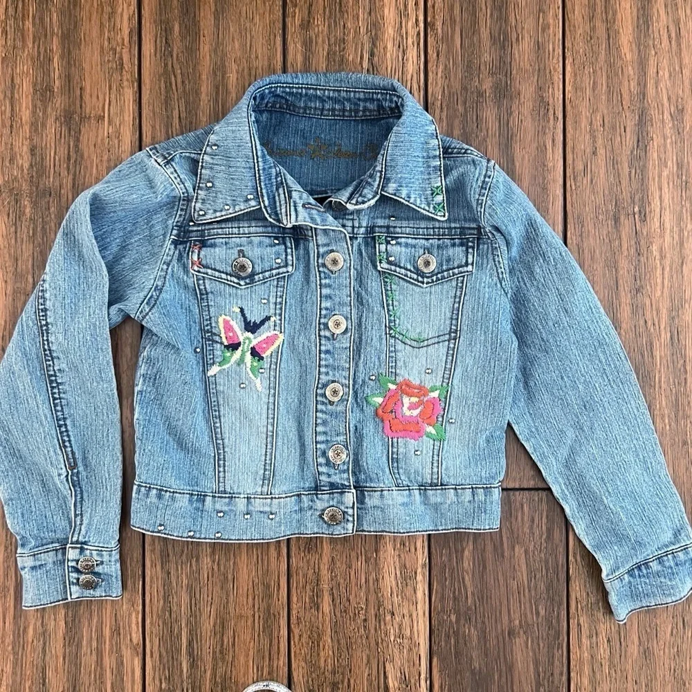 Vintage Y2K Arizona Jean Co Girls Embroidered Jean Jacket Studded Butterfly S